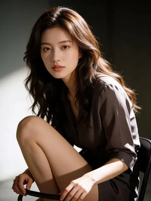 Woman in black outfit crouching on a studio chair