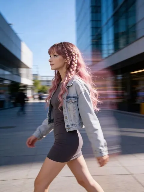 Motion-blur image of pink-haired woman walking past glass buildings