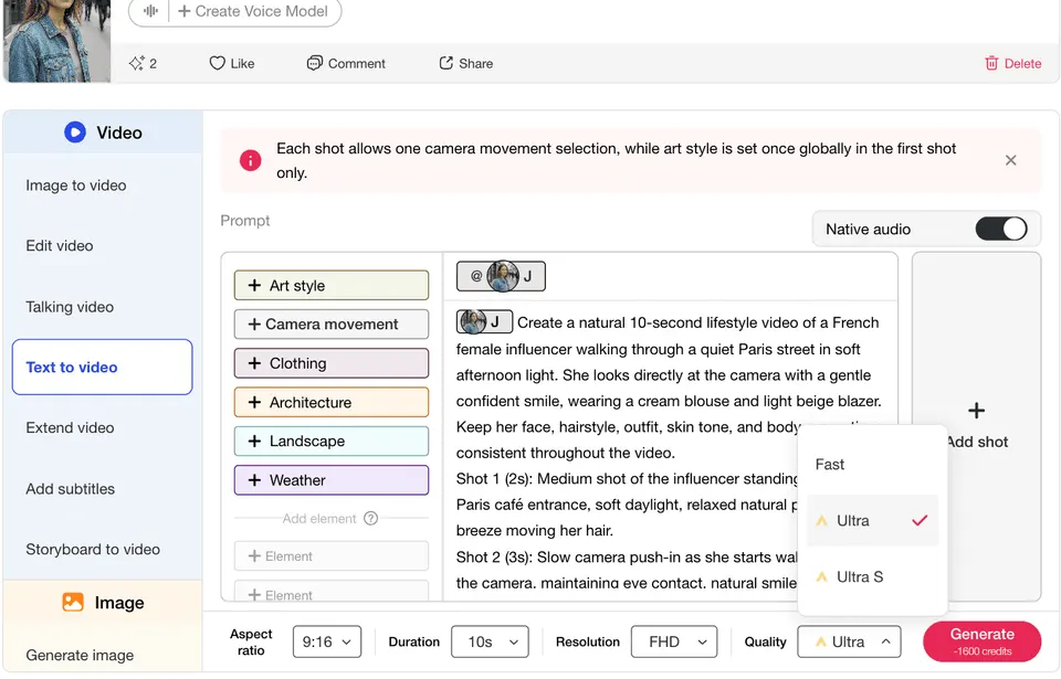 Generated AI influencer video workflow with quality settings and additional editing tools for video and image creation