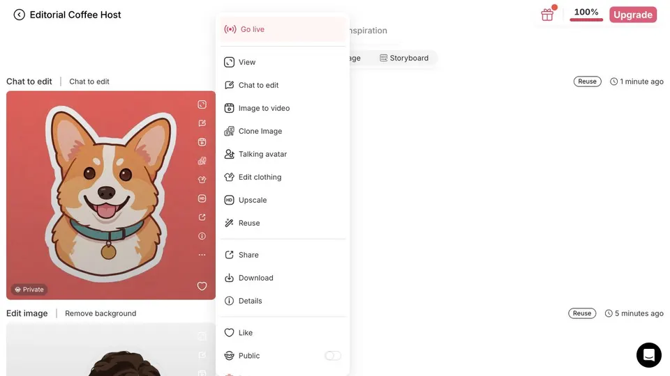 Generated corgi sticker and APOB AI action menu with Download visible