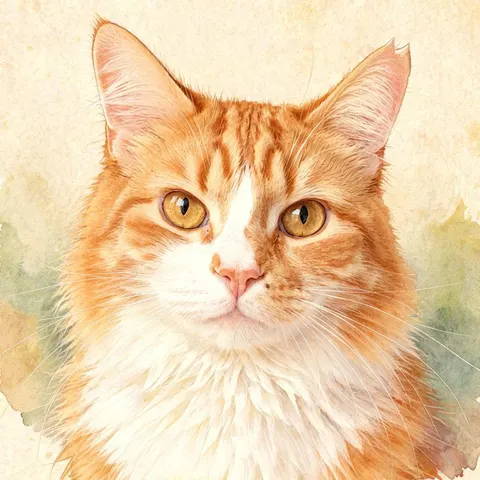 Generated watercolor cat result for checking orange-and-white markings, upright ears, amber-gold eyes, and muzzle