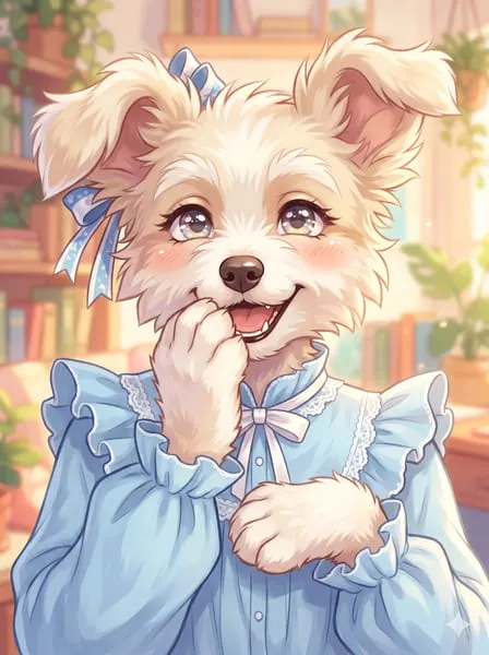 Giggling small dog Furry femboy pfp covering mouth.