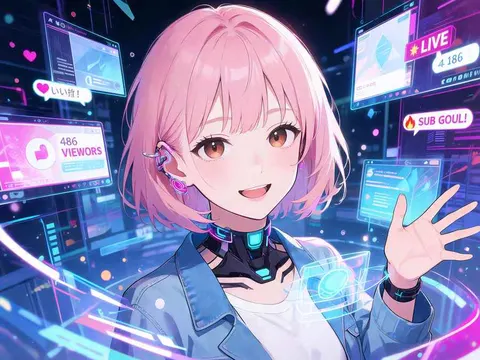 明るいライブチャット画面と一緒に描かれたバーチャル配信者のイラスト