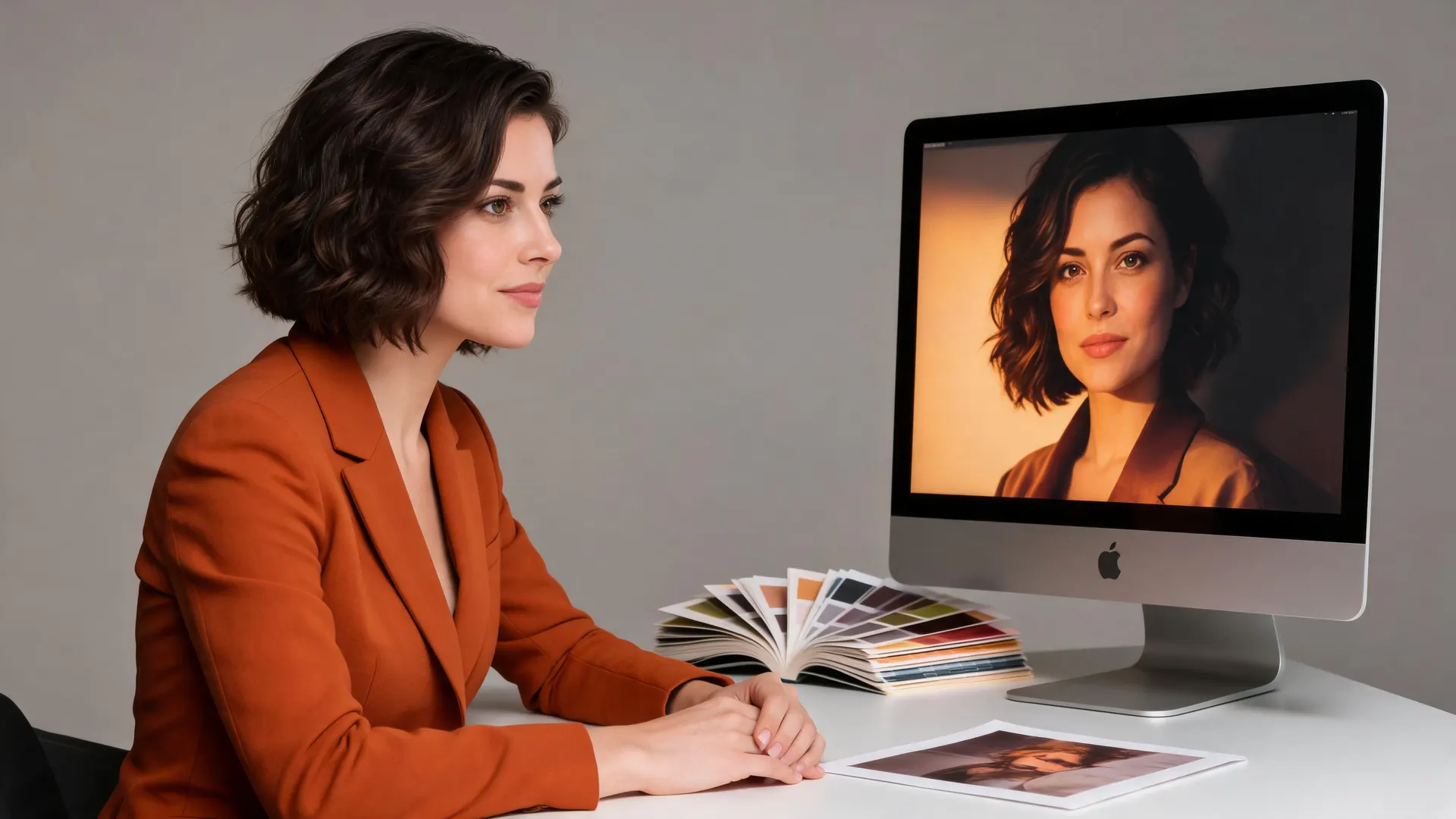 Illustration d’une créatrice comparant un portrait à l’écran avec des nuanciers et une épreuve papier