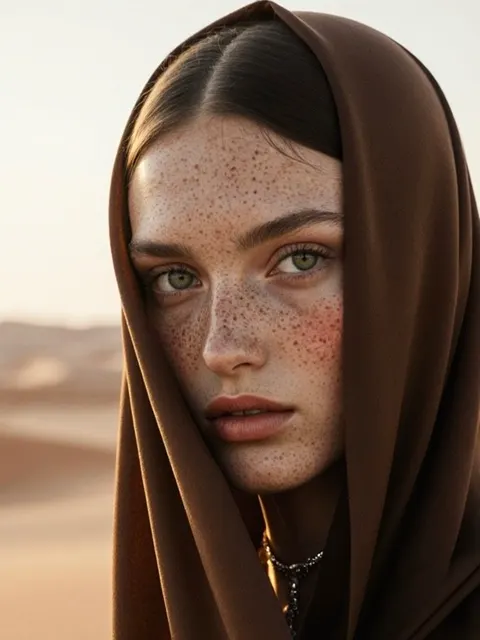 Close-up of a freckled, green-eyed woman in a dark brown hooded shawl against blurred desert dunes