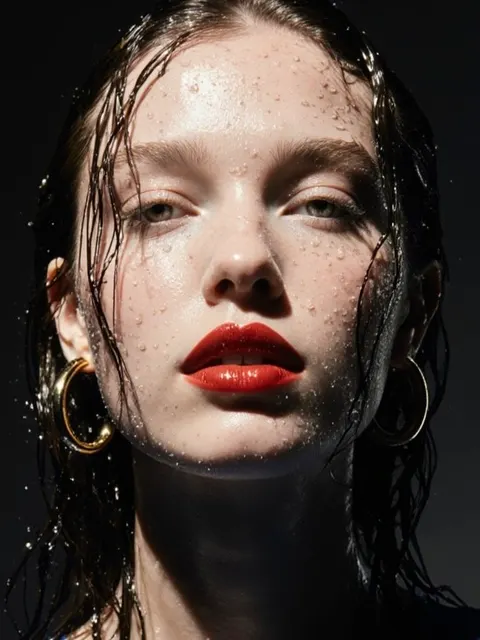 Beauty close-up of a woman with wet hair, water-dotted skin, glossy red lips and gold hoop earrings