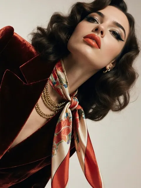 1970s-style studio portrait of a woman in a rust velvet blazer, floral silk scarf and gold chains