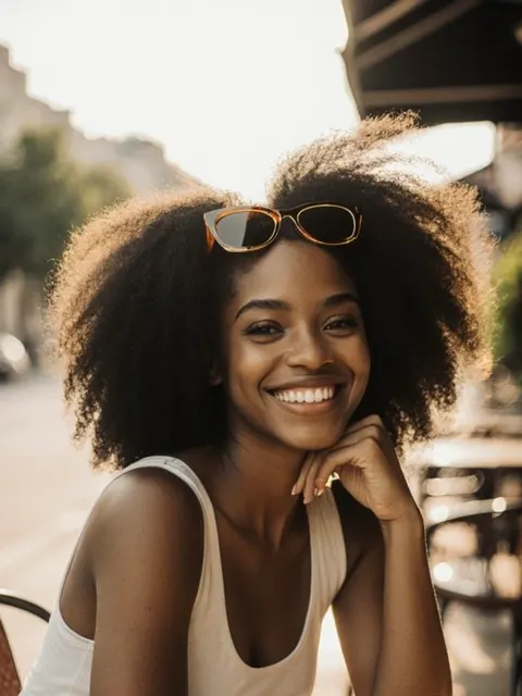 Portrait of a smiling woman with a natural afro and sunglasses on her head at a sunlit café terrace
