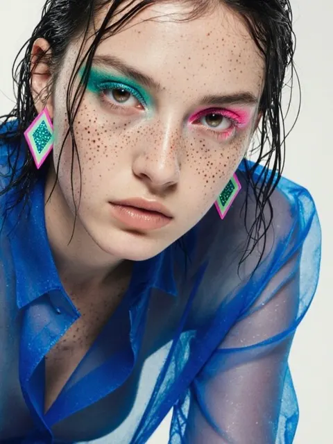 Beauty portrait of a freckled woman with teal and pink eyeshadow, wet hair and a sheer cobalt-blue shirt