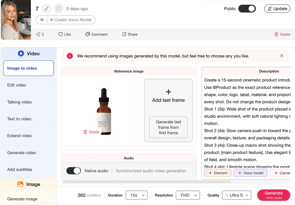 Image to Video interface with product reference prompt and duration setting