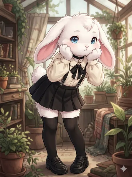 Innocent white rabbit Furry femboy pfp with hands on cheeks.