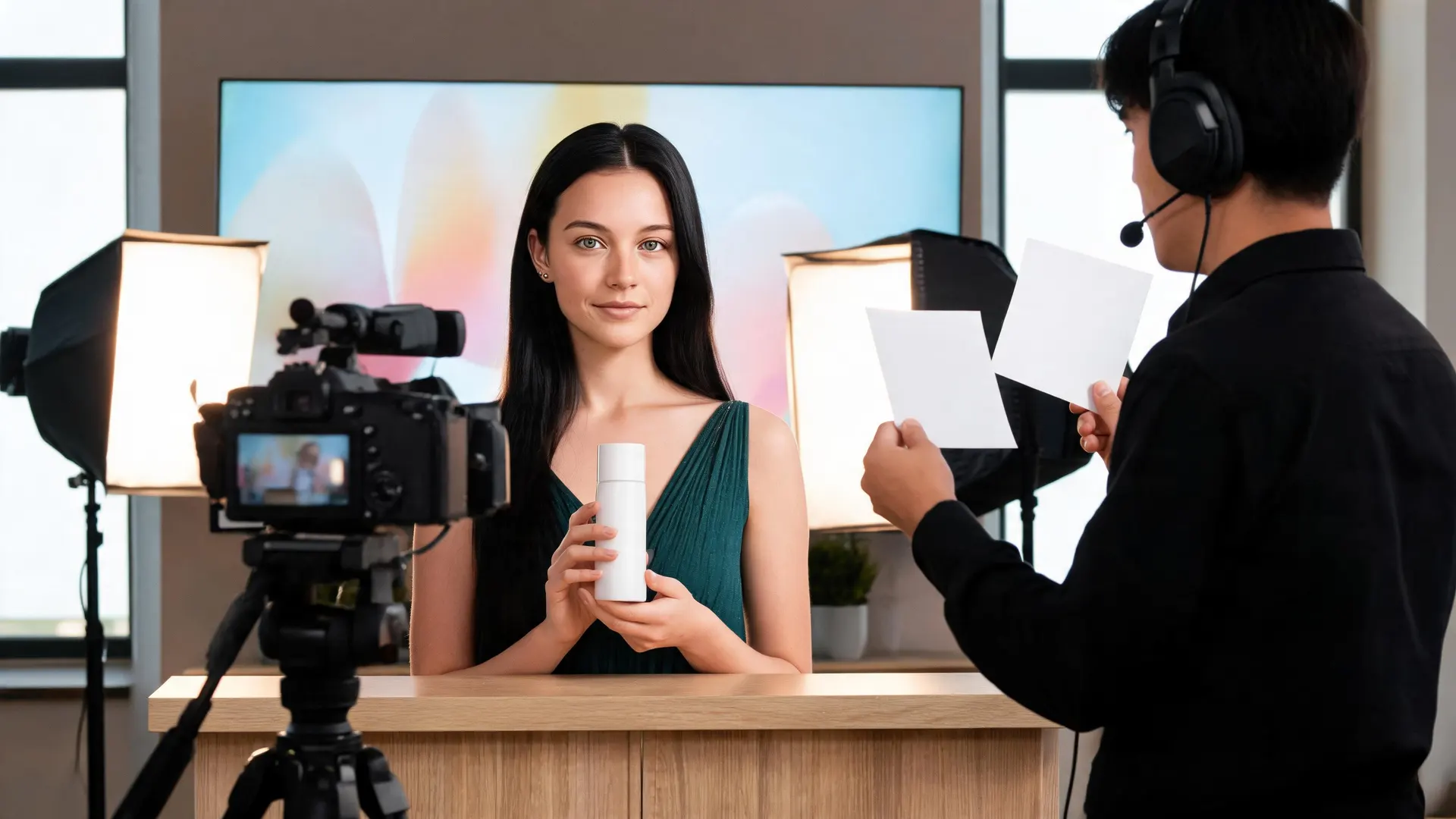 Live shopping host presenting one product while a producer checks the show cues