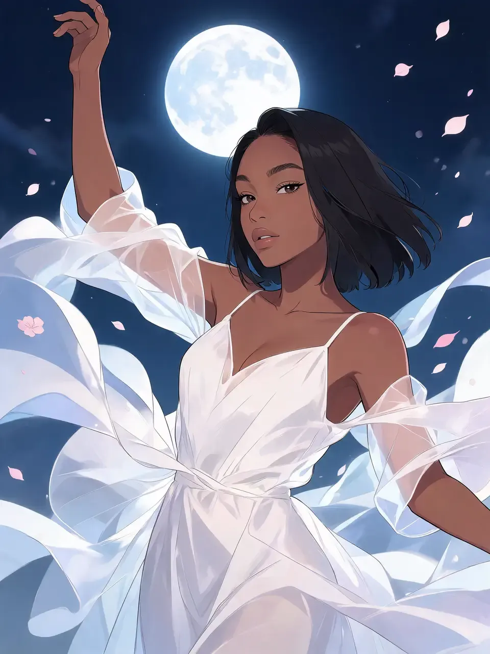 Chica mágica con un vestido blanco bajo la luz de la luna.
