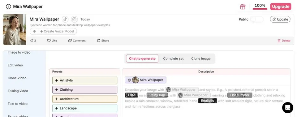 Opening Chat to generate with the selected Mira Wallpaper character in APOB AI