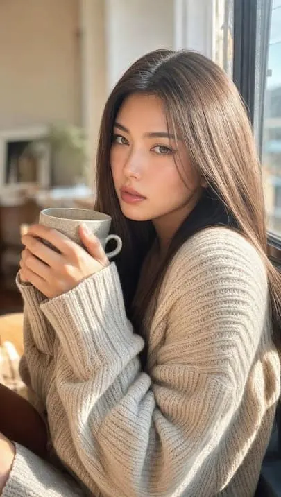 Realistic AI influencer holding coffee in a cozy cafe, generated by APOB AI