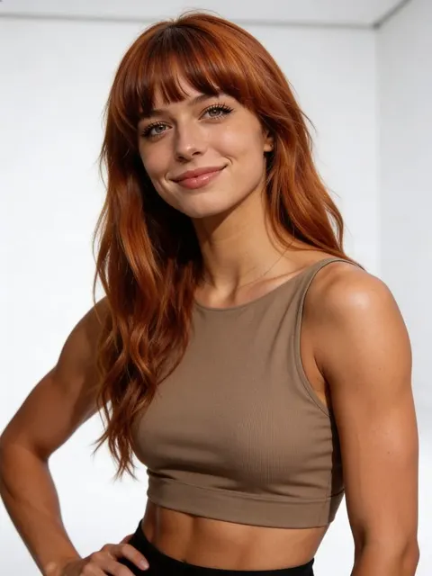 Rothaarige Frau in beigem Crop-Top vor weißem Hintergrund