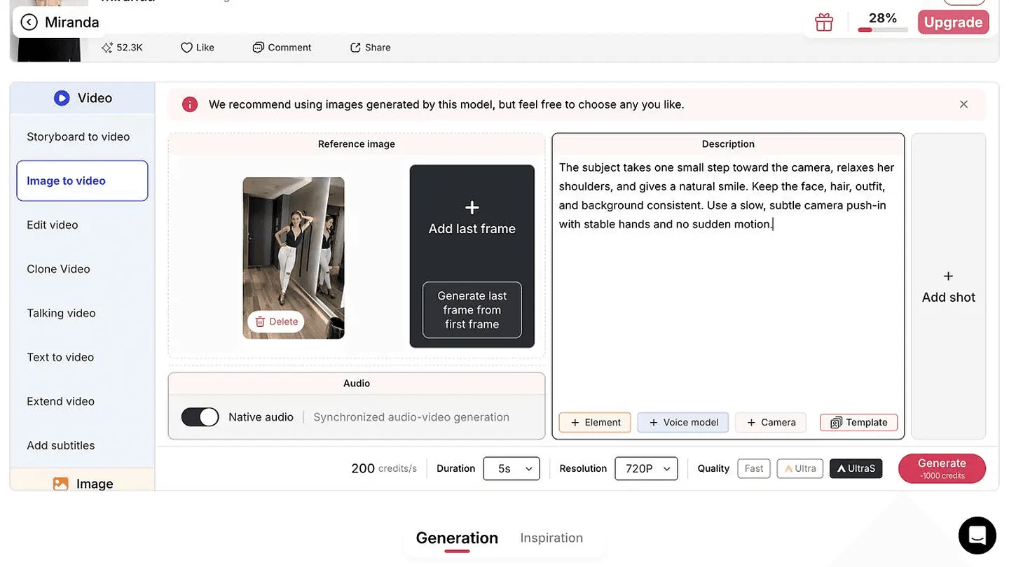 Reference image and motion prompt controls in APOB AI using public Community model Miranda