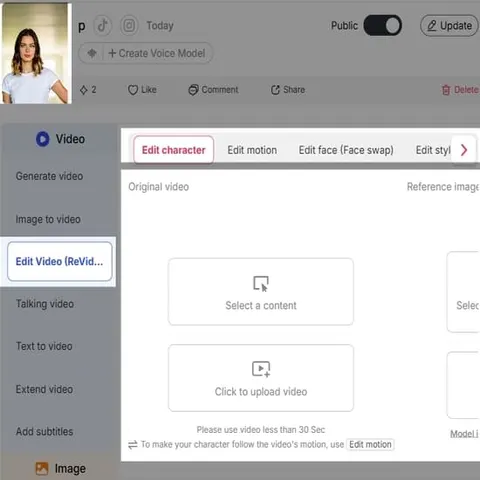 Edit Video category selector for trying Kling 2.6 motion control