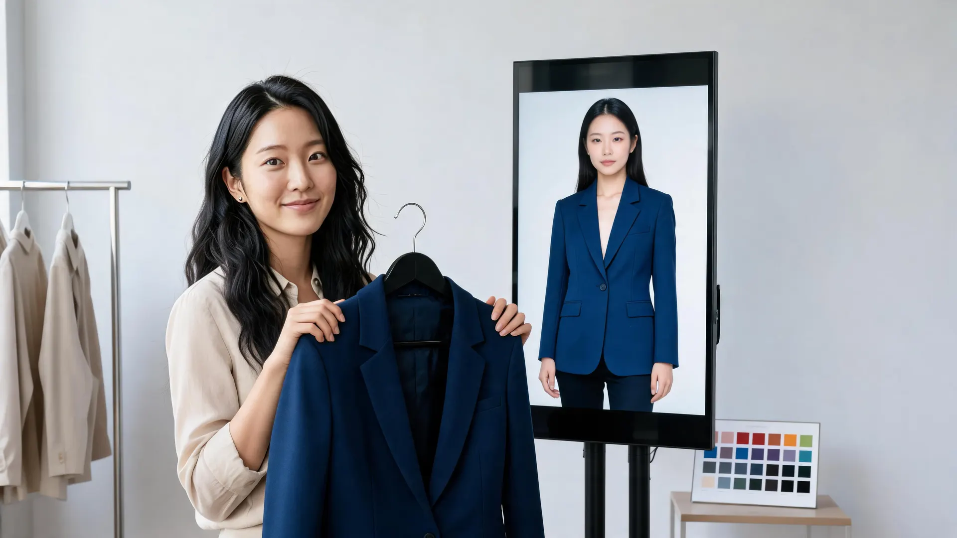 Revisora comparando um blazer azul-marinho real com sua prévia de prova virtual em um estúdio de moda.
