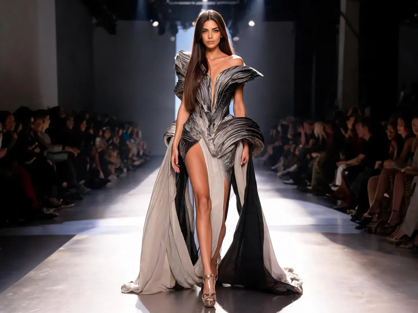 Runway model in a sculptural silver and black gown under spotlights