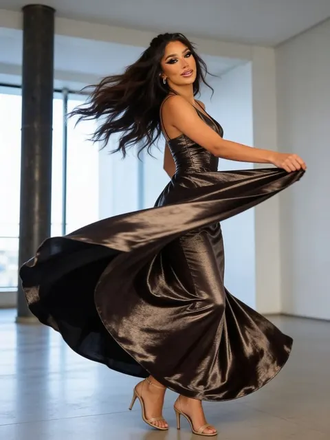 Seedream 4.5 elegant woman spinning, realistic fashion motion