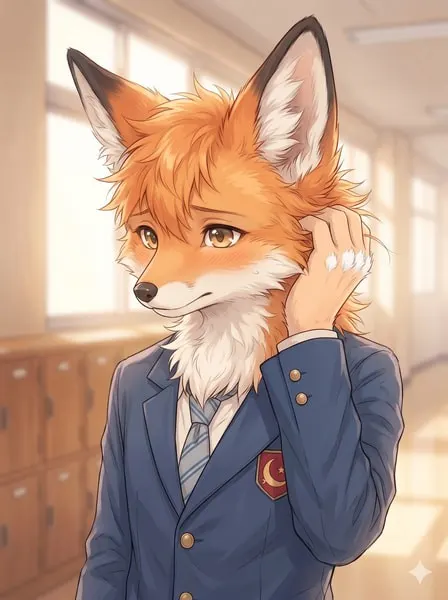 Shy fox Furry femboy pfp fixing his ear fluff.
