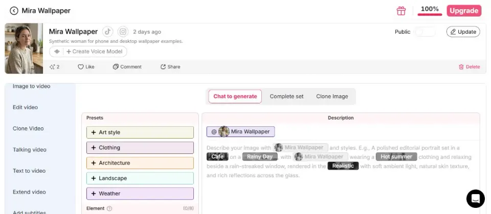 Signed-in APOB Generate Image workspace showing Chat to generate, Complete set, Clone Image, prompt presets, and Element slots.