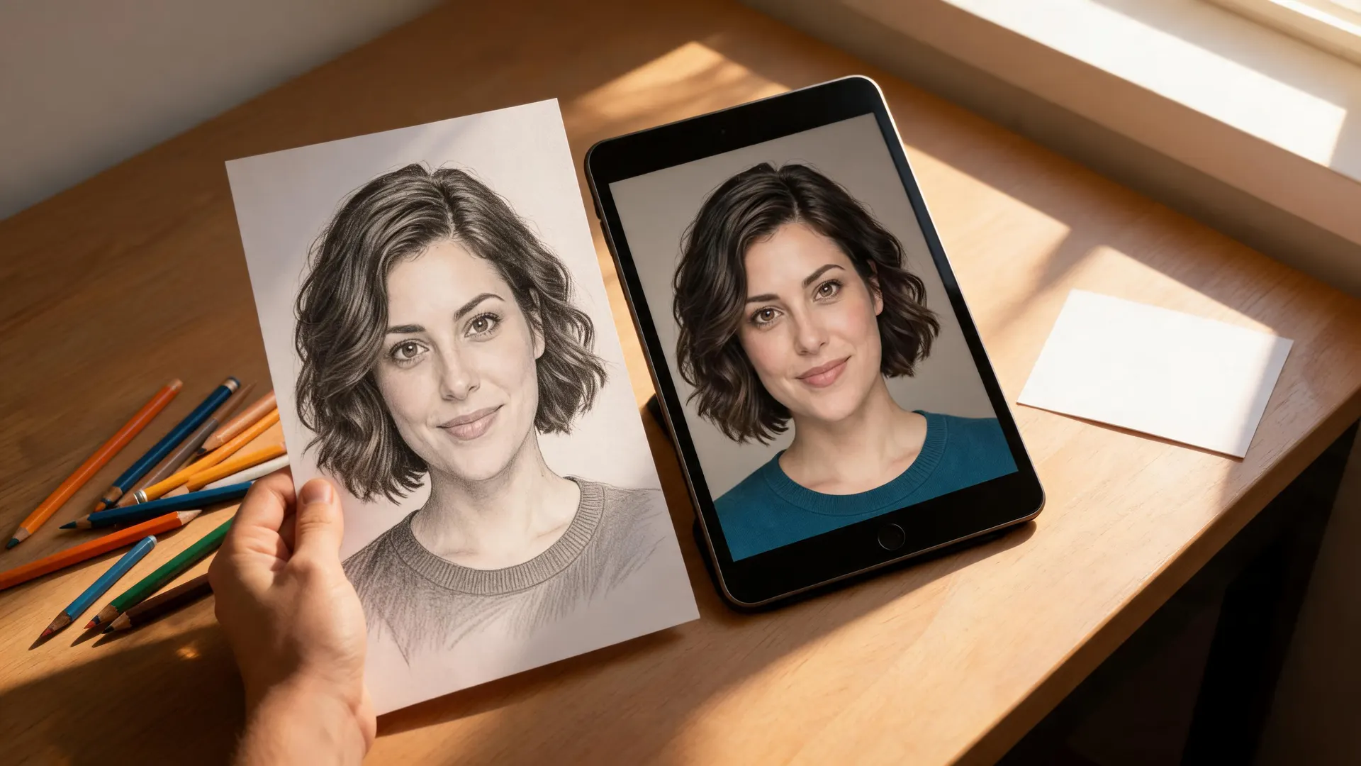 Croquis d’un portrait fictif à côté de sa version couleur sur une tablette