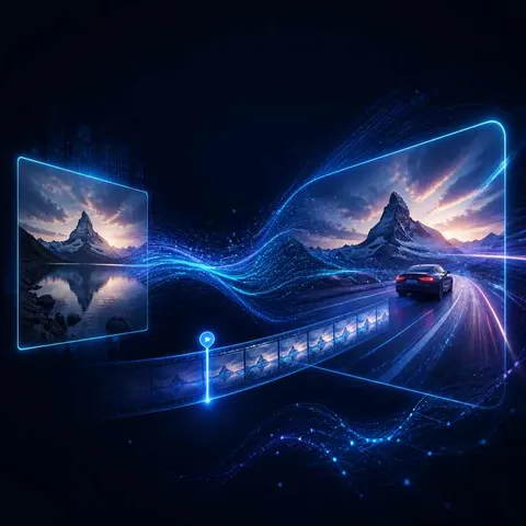 Still image transforming into a cinematic AI video sequence