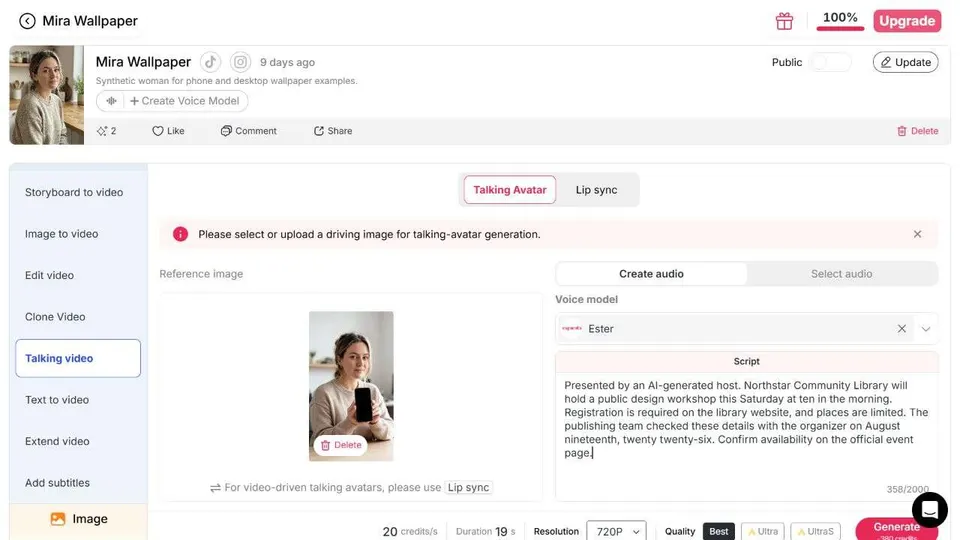 Configuración de Talking Avatar con imagen del presentador, voz, guión verificado, duración y configuración