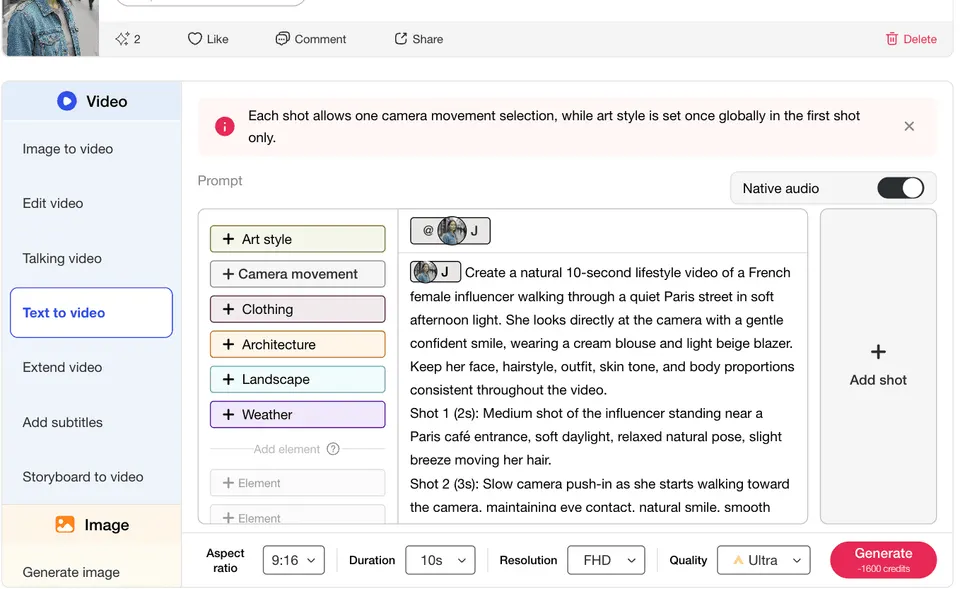 Text to Video prompt editor with duration and quality settings