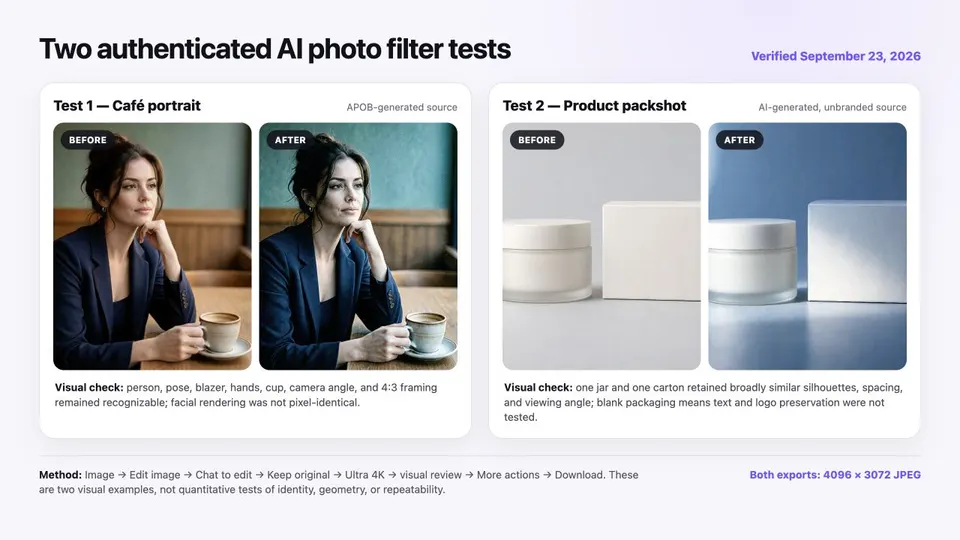 Deux comparaisons du filtre photo IA d’APOB issues d’essais : un portrait dans un café et une photo de produit sans marque, chacun présenté avant et après