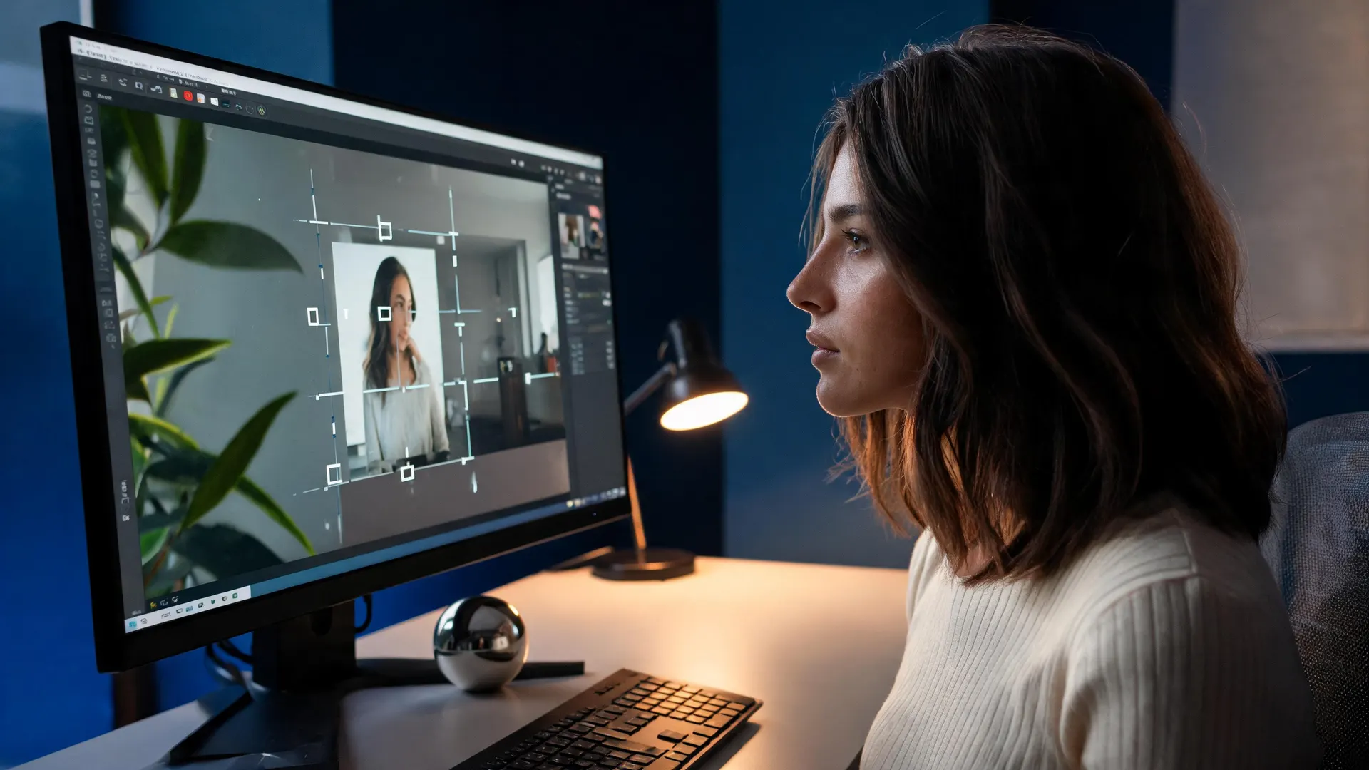 Video editor checking subject edges, tracking markers, foreground leaves, depth, and reflections in a background replacement shot.