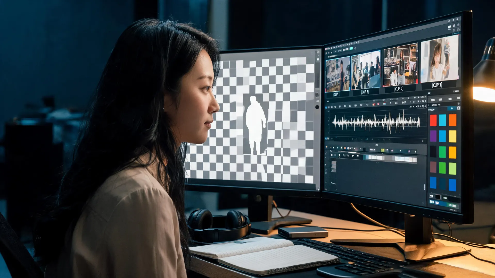 Video editor checking transparency, audio, color, and frame-sequence details for an AI video handoff.
