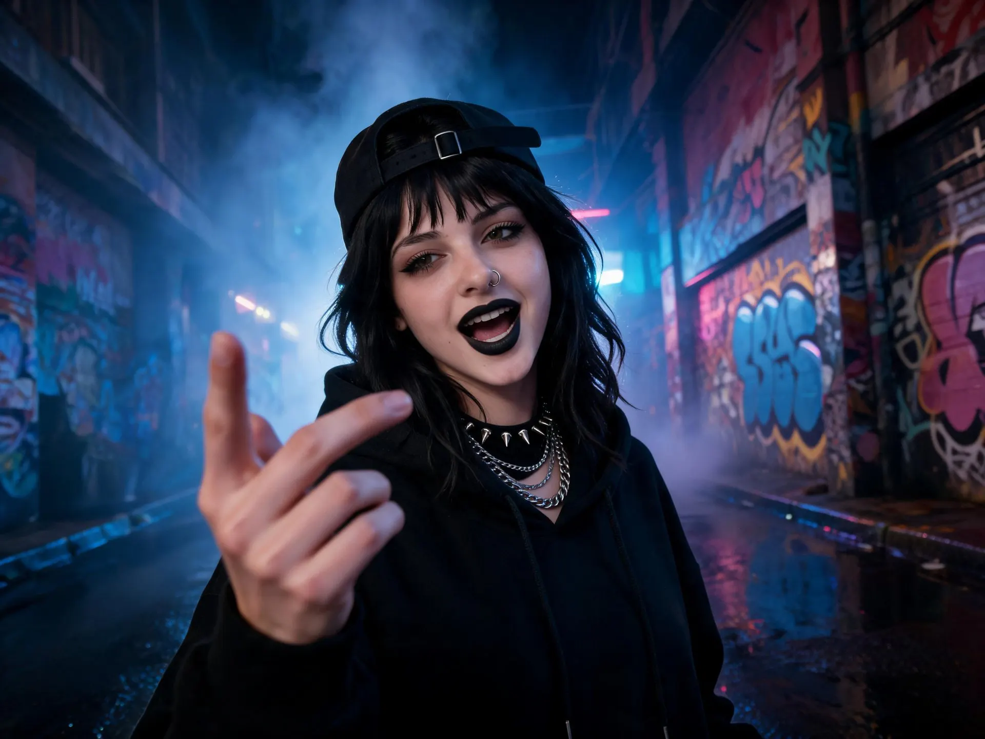 Virtual rapper in a black hoodie and backward cap performing in a neon-lit graffiti alley