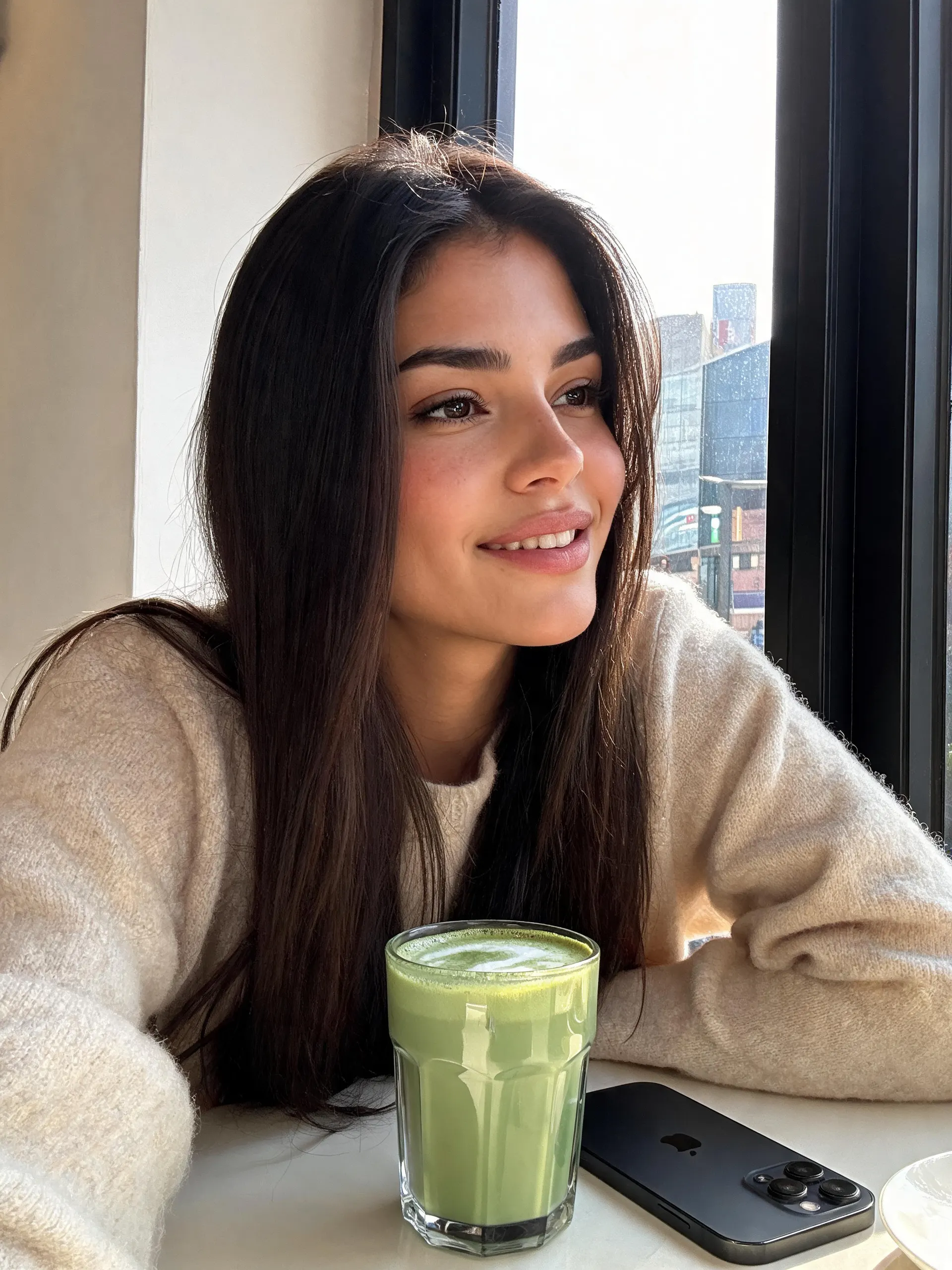 Mujer bebiendo un batido verde junto a una ventana luminosa