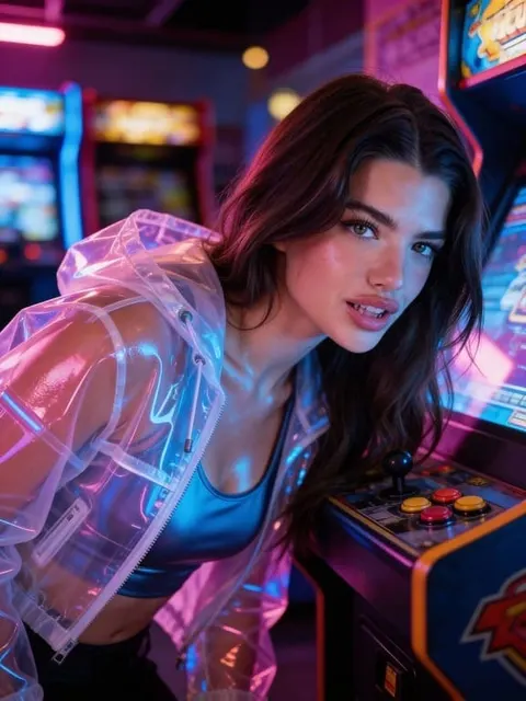 ネオンアーケード内で虹色のジャケットを着た女性