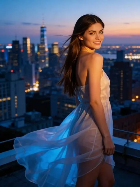 ai彼女ジェネレーター/バーチャル彼女：白いドレスのai彼女と、夜景を背景にしたルーフトップデート。
