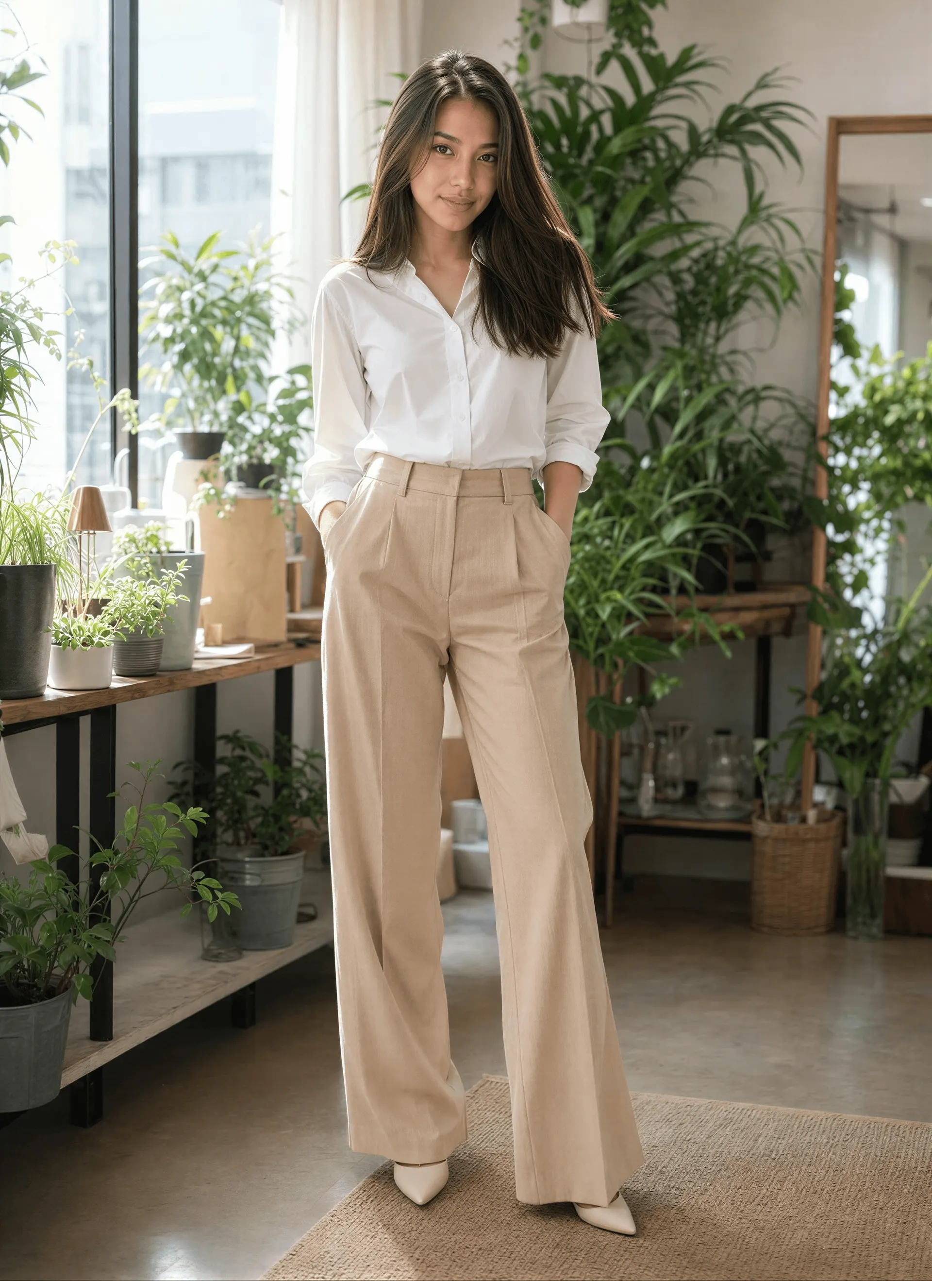 Mujer con blusa blanca y pantalón beige en una habitación llena de plantas