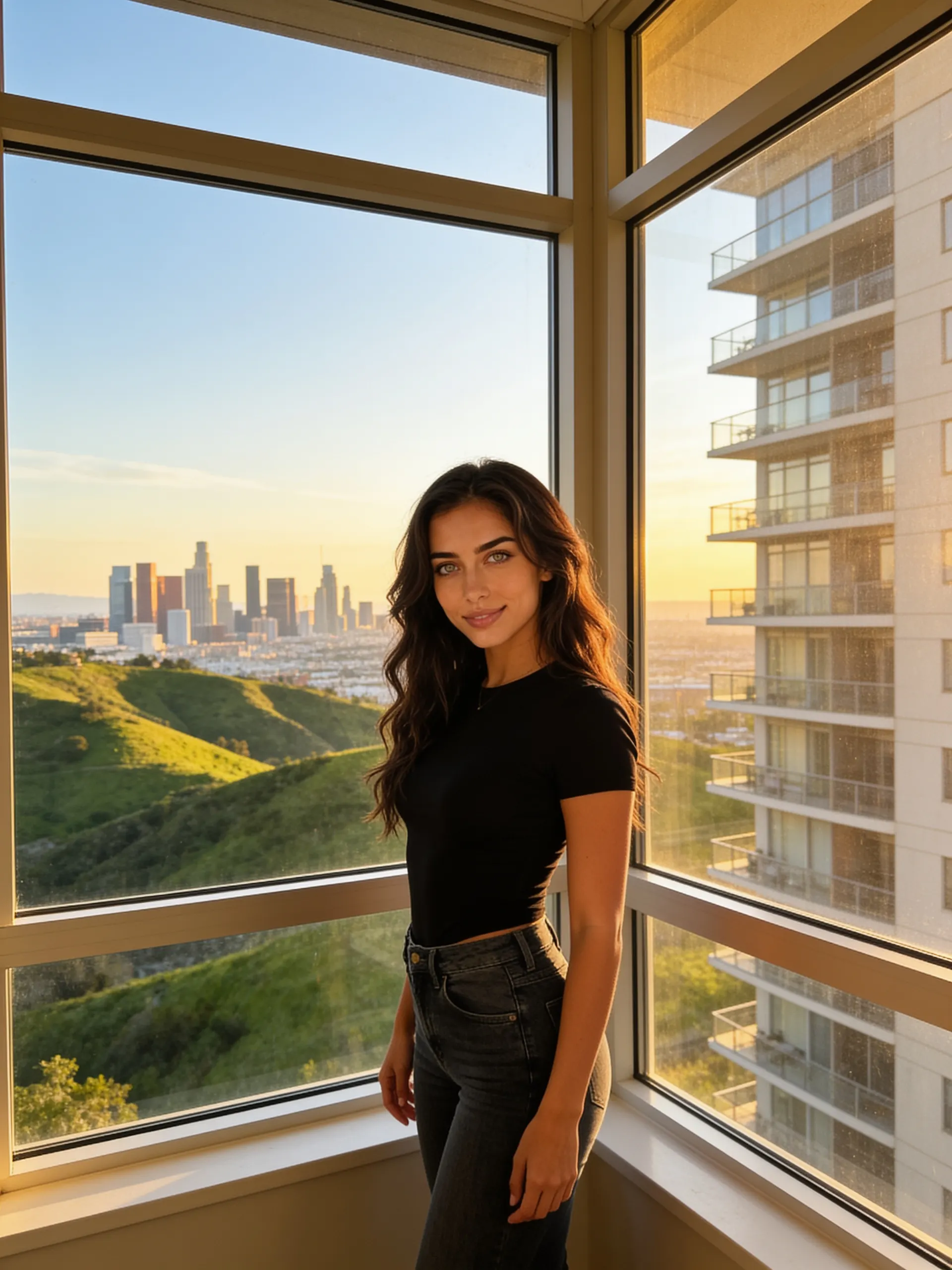 Mujer posando junto a una ventana de gran altura al atardecer
