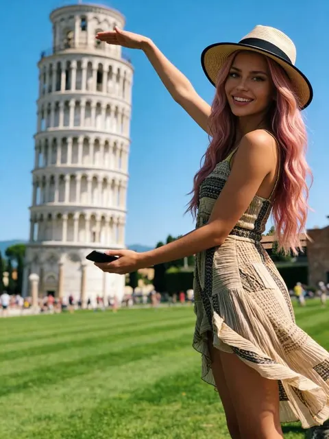 Frau posiert an einem sonnigen Tag in der Nähe des Schiefen Turms von Pisa
