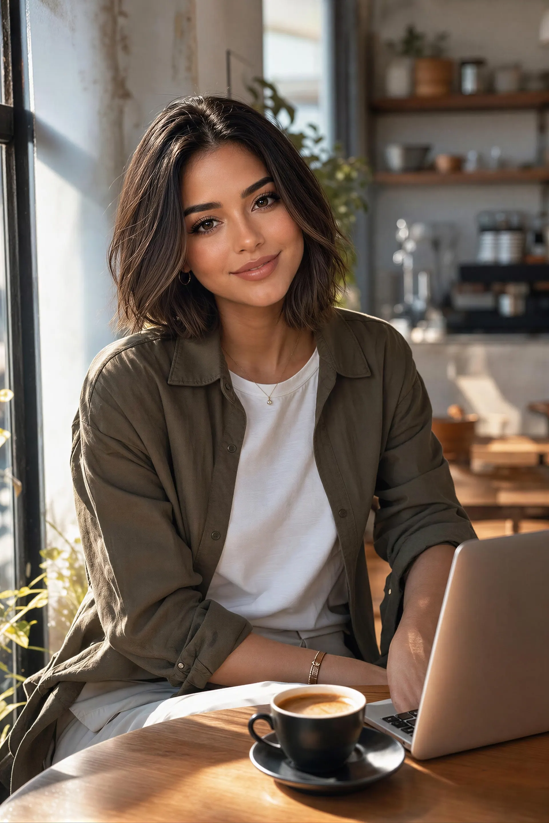 Mujer trabajando en una computadora portátil con café en una cafetería