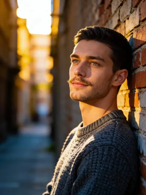 Porträt eines jungen Mannes vor warmen Lichtern der Stadt
