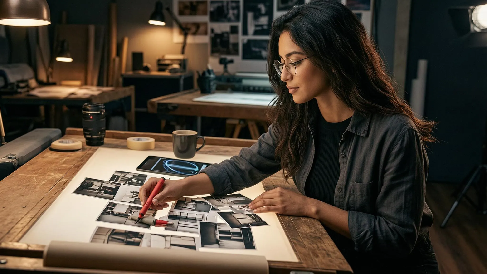Filmmaker reviewing three storyboard panels and continuity notes beside a video generation workstation.