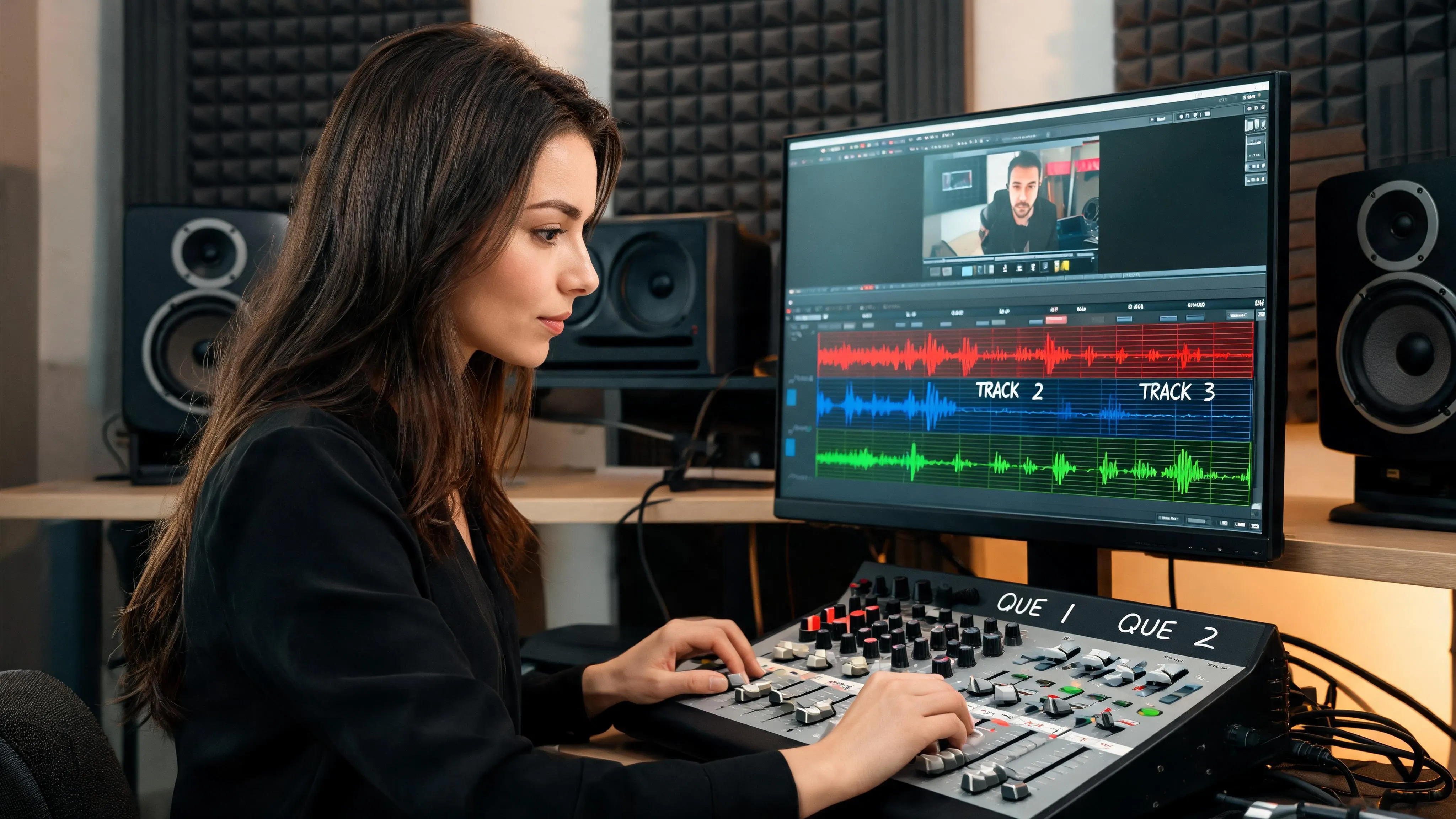 Diseñador de sonido que prueba música, voz y efectos en un resumen de video de producto bloqueado